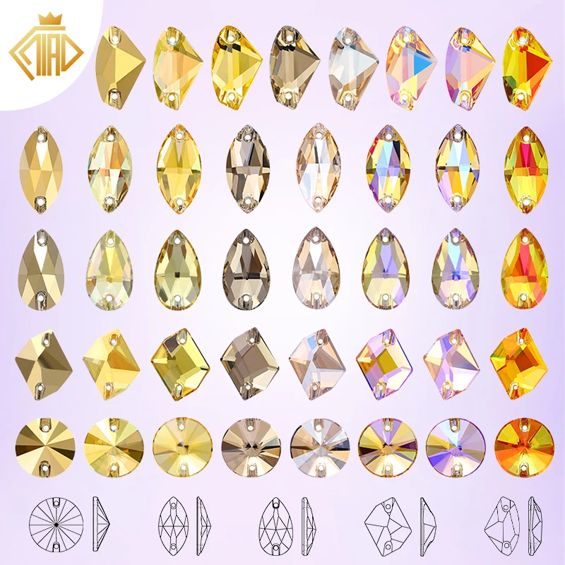 Sew On Rhinestones with Holes Yellow Glass Crystal Gittle Gems for DIY Clothing Festival Home Decoration Hand Sewing Supplies