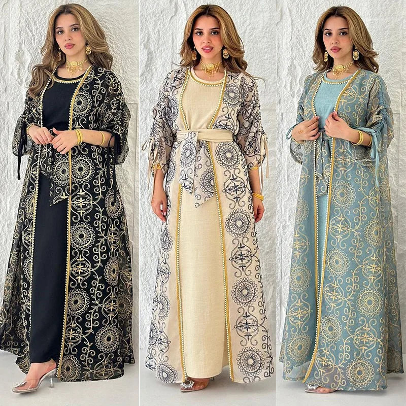 

Dubai Siskakia Ramadan Embroidery stylish abaya Two -piece Muslim Elegant Women Evening Dress O-Neck Belted Kaftan