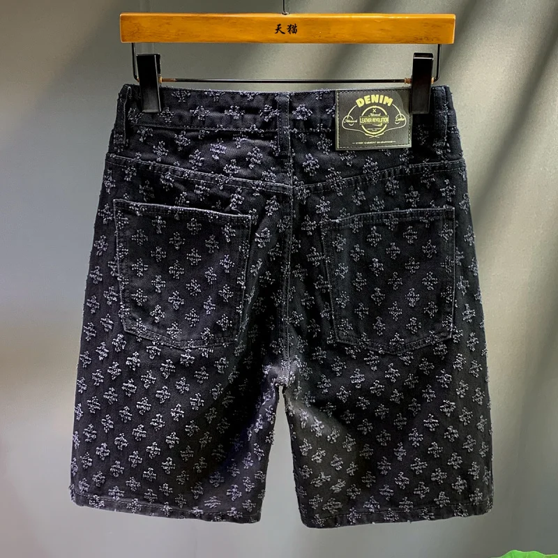 

2025 Summer New Trendy Scratched Denim Shorts for Men, Loose Straight, Fashionable Street Casual Black Pentagram Pants