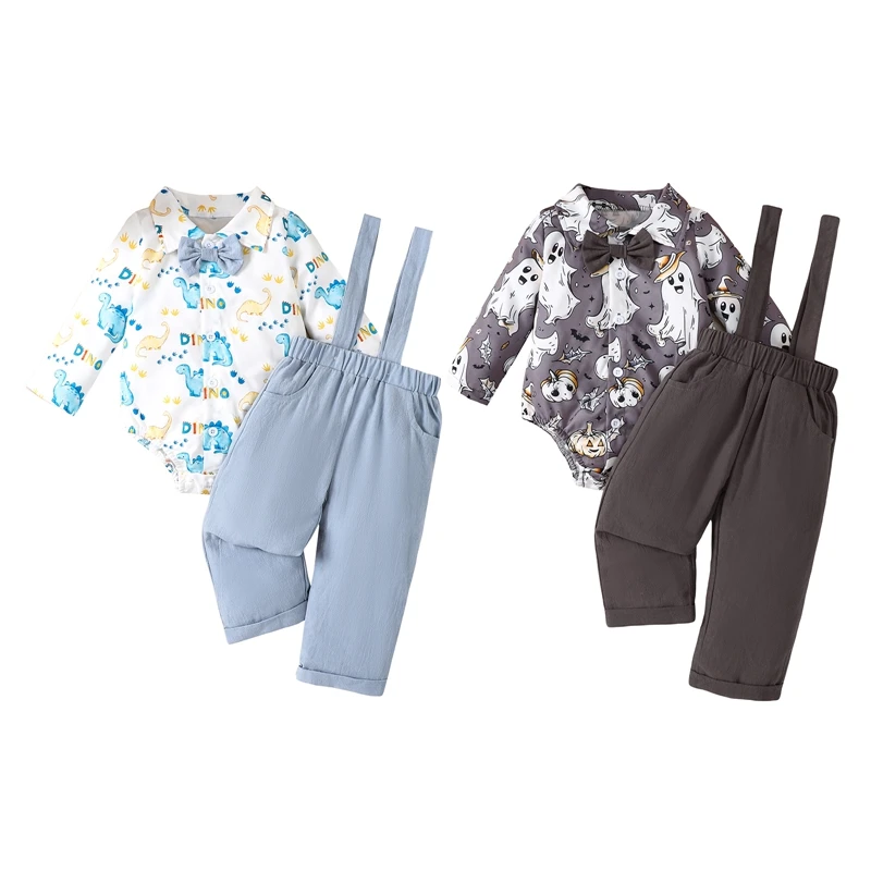 

2024-06-19 Lioraitiin Baby Boy Gentleman Outfit Dinosaur/Ghost Print Long Sleeve Lapel Button Romper with Suspender Pants Set