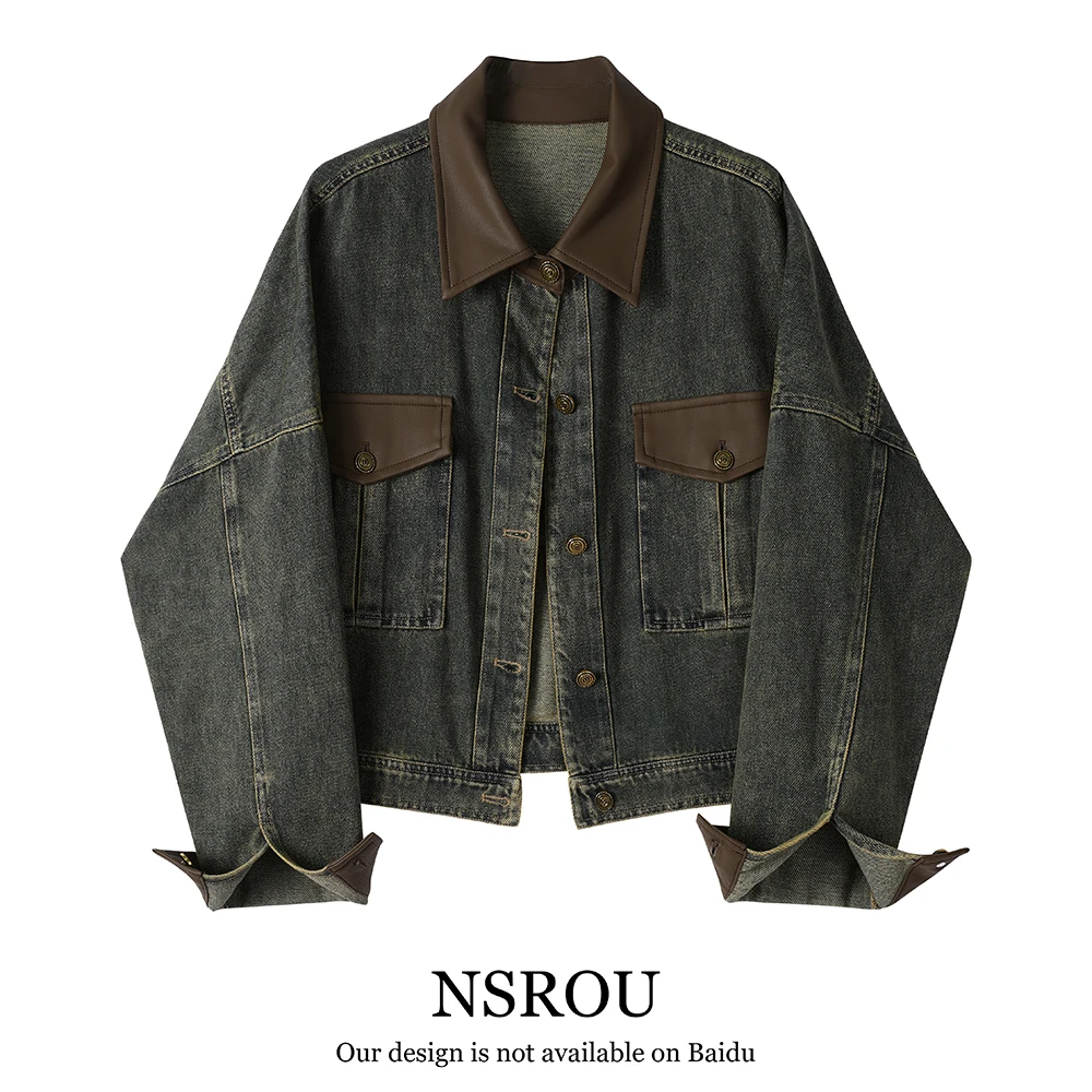 

Американский ретро ор джинсовый тюнер женский весенне-осенний воротник повседневная универсальная верхняя одежда из смеси хлопка для похудения
