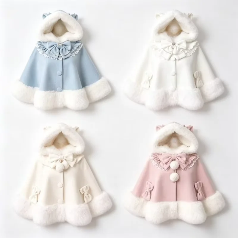 Herbst Winter Japanische Schleifenrüschen-Ponchos Lolita-Stil Süße Kawaii Capes Mantel Damen Vintage Warme Schicke Oberbekleidung