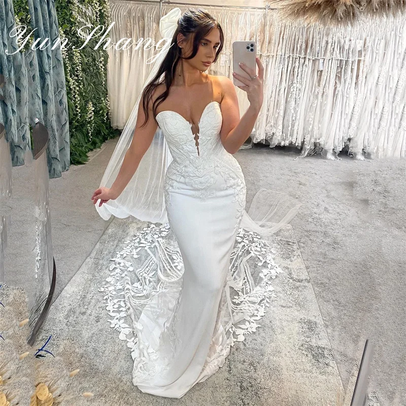 Yunshang Sirena Abito Da Sposa Delle Donne 2024 Aperto Indietro Del Merletto Dell'innamorato Senza Spalline Applique Abito Da Sposa Abiti Da Sposa Personalizzato