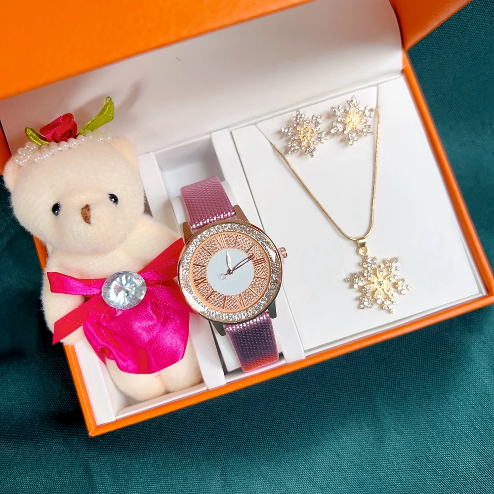 Women\'s Quartz Watch Fashion Women Watches Diamond Necklace Earring Bear Puppet Set Gift Box For Girl\'s Lady\'s Festival Presentn