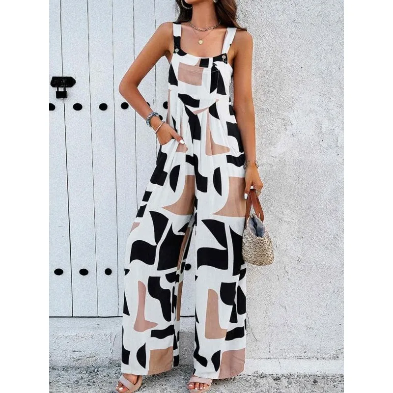 Plus Size Women's New Fashion Button Sexy Sleeveless Suspender Temperament Printed Casual Belt Pocket Jumpsuit image 5