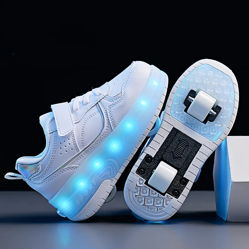 Zapatos LED de dos ruedas Unisex para niños, patines con recarga USB, de cuero PU, transpirables, talla 28 a 38