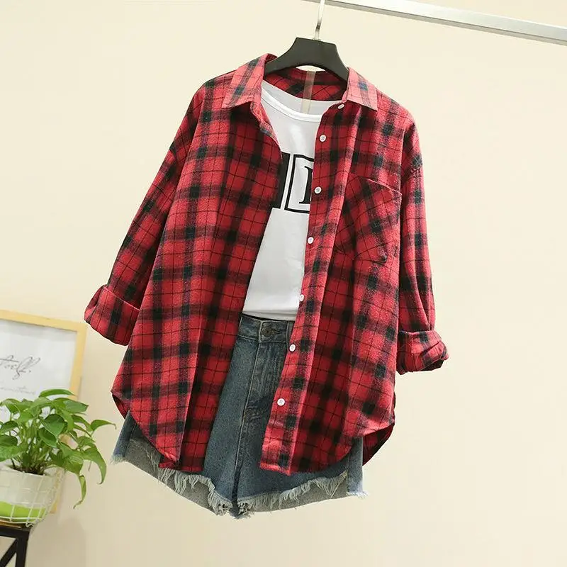 Women Clothing Printing Plaid Patchwork Pocket Buttons Office Lady Simplicity Fashion Loose Turn-down Collar Long Sleeve Blouses