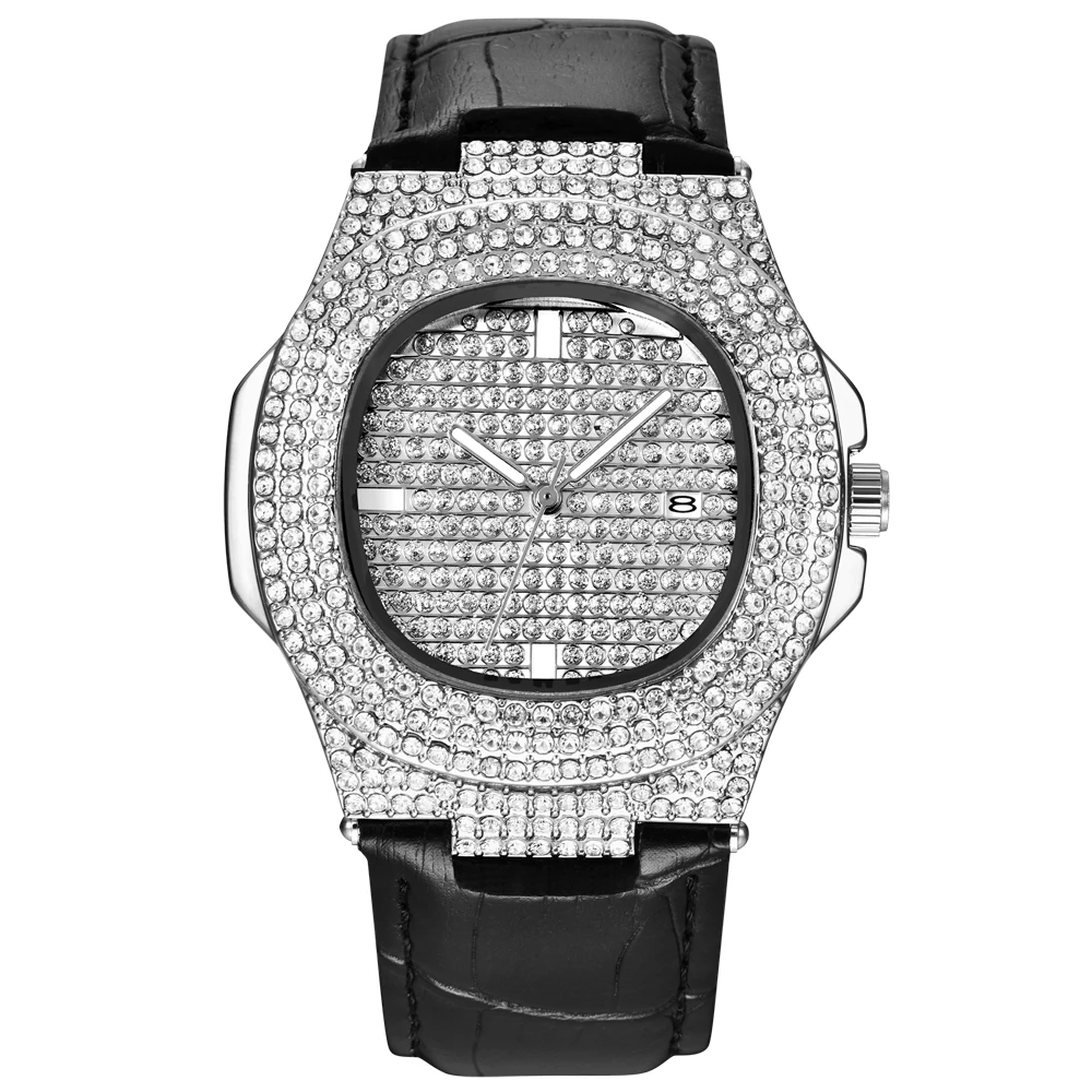 Montre à quartz vintage avec bracelet en cuir pour homme, montres Hip Hop Diamond, date dorée, luxe, approvisionnement sss, marque de mode