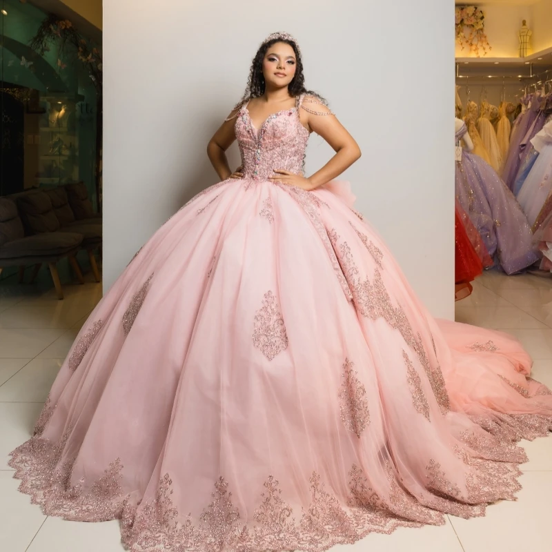 

Pink Shiny Quinceanera Dresses Off The Shoulder Sequin Applique Lace Beading Crystal Tull Party Birthday Sweet 16 Dres Vestidos
