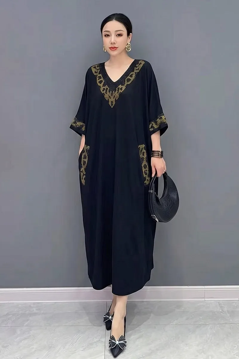 

2026 Summer New Retro Elegant V Neck Embroidery Long Dresses Women Casual Loose Dress Wholesale J2256