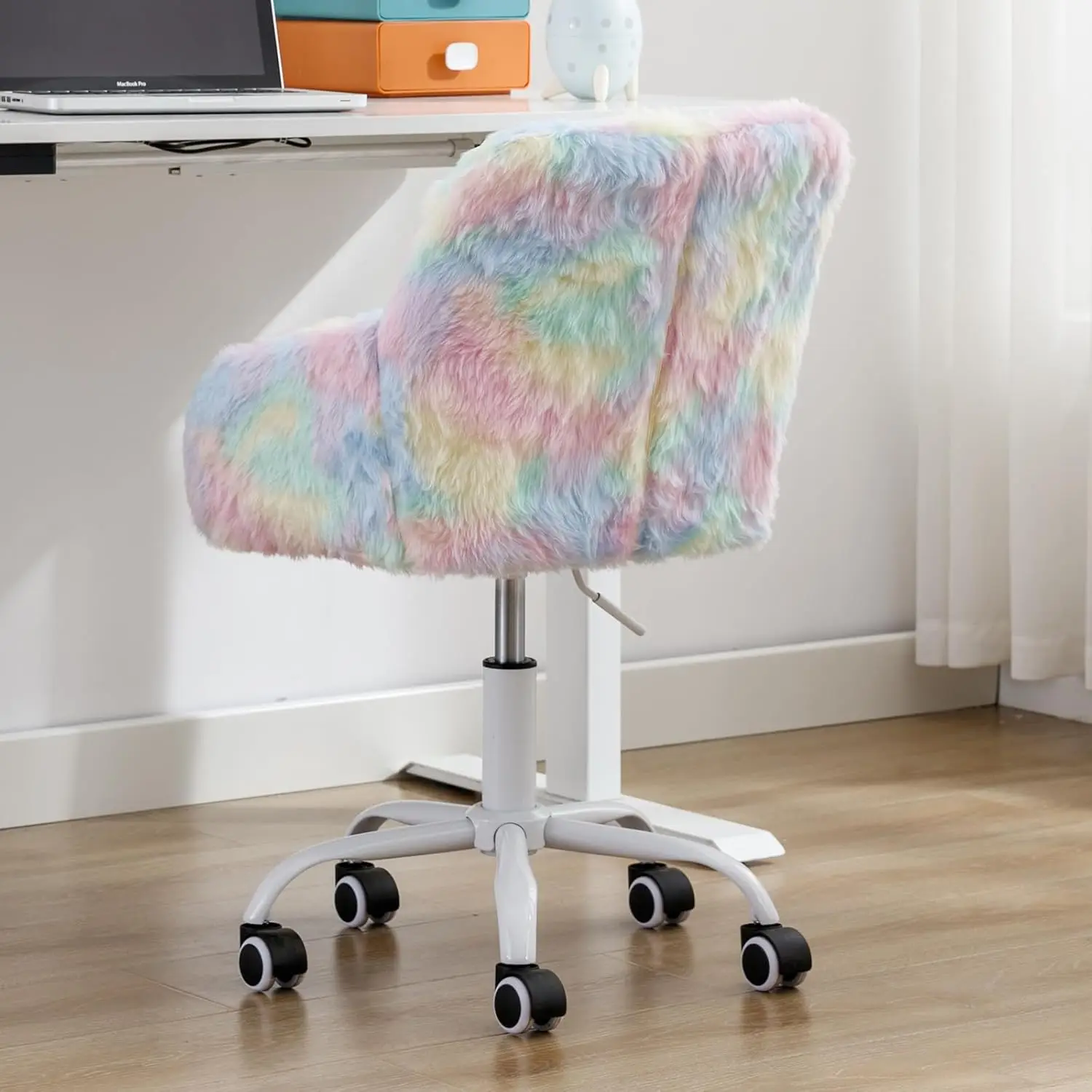 Faux Fur Colorful Upholstered Computer Chair for Boys and Girls, Cute Study Swivel Height Adjustable Arm Chair for Child, Rainbo