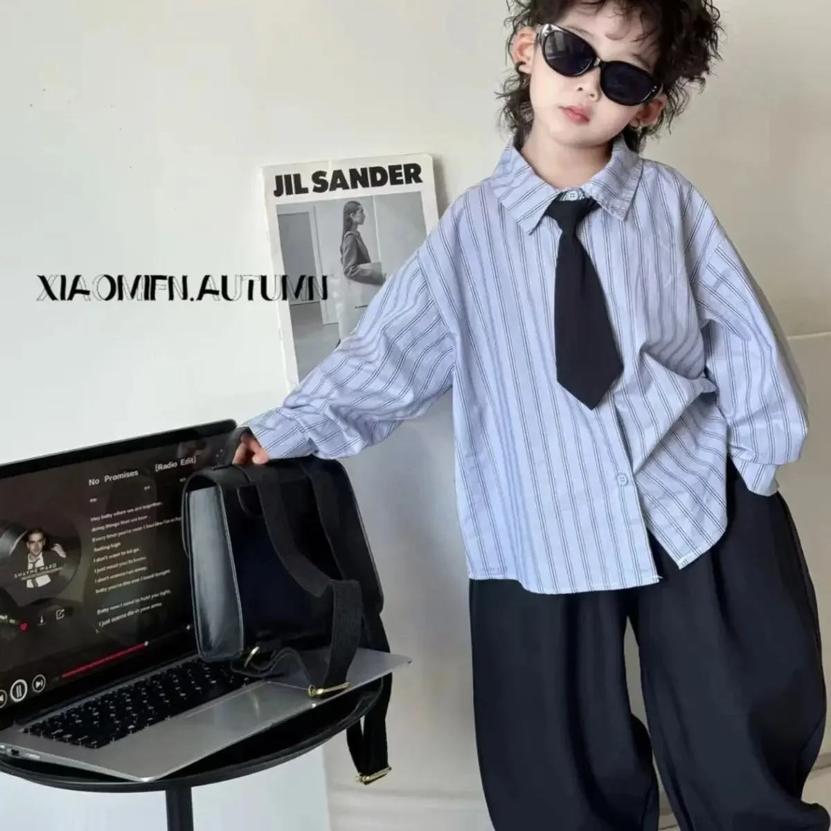 90-150 سنتيمتر الأطفال كلية نمط مجموعة الربيع والخريف 2026 نمط جديد الأولاد الأزرق قميص سترة سراويل تقليدية ثلاث قطع مجموعة #3