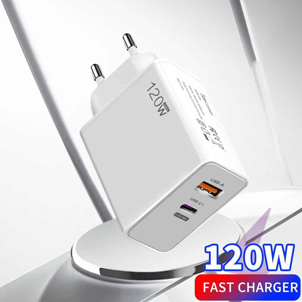 120 واط PD شاحن USB شحن سريع نوع C شاحن الهاتف المحمول مع كابلات البيانات آيفون 15 سامسونج محولات الحائط الشحن السريع
