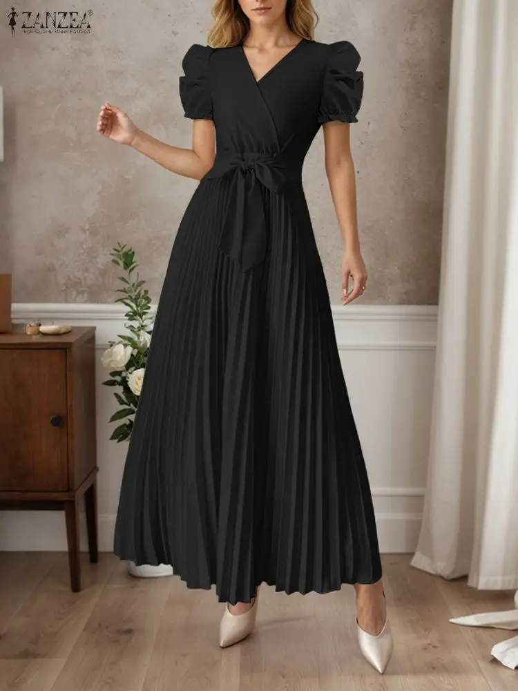 Elegante abito da festa con scollo a V ZANZEA Abiti da donna da ufficio 2025 Manica a sbuffo Solido Vestito estivo a pieghe Una linea Abiti midi Abito con cintura