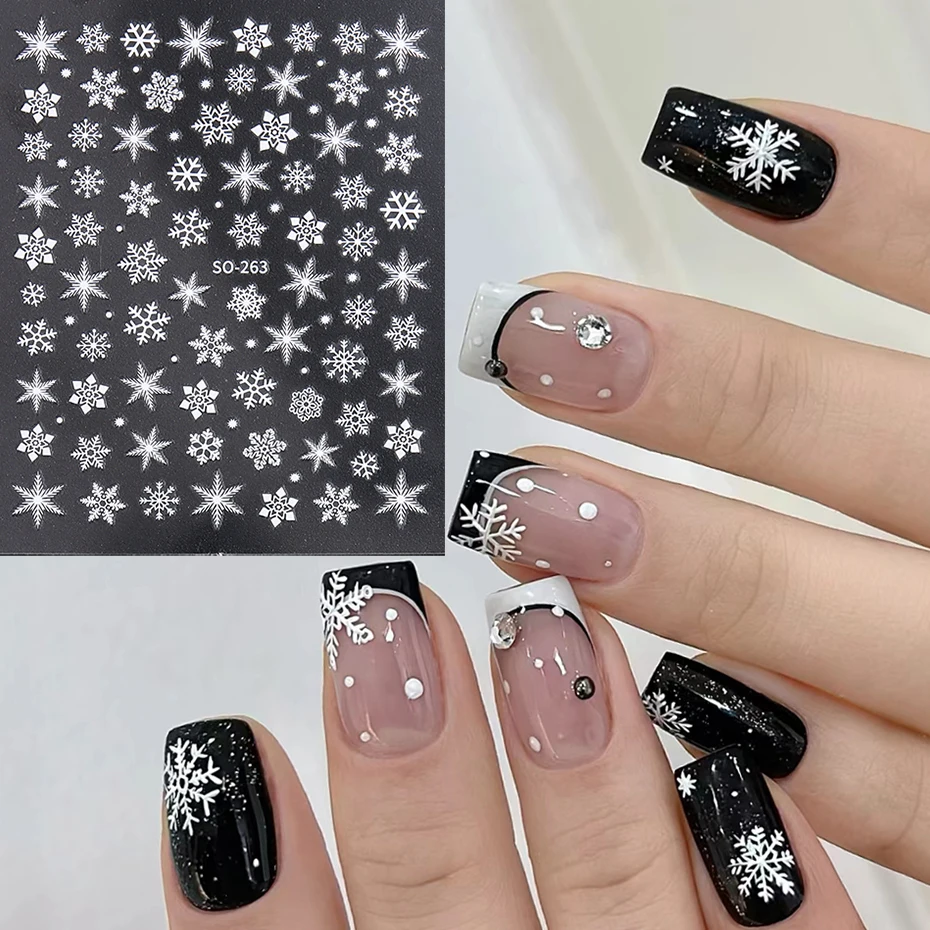 White Snowflake Christmas Nail Art Stickers Xmas Snow Flower Deer Trees Festive Red Santa Claus New Year Manicure Decor LESO-263