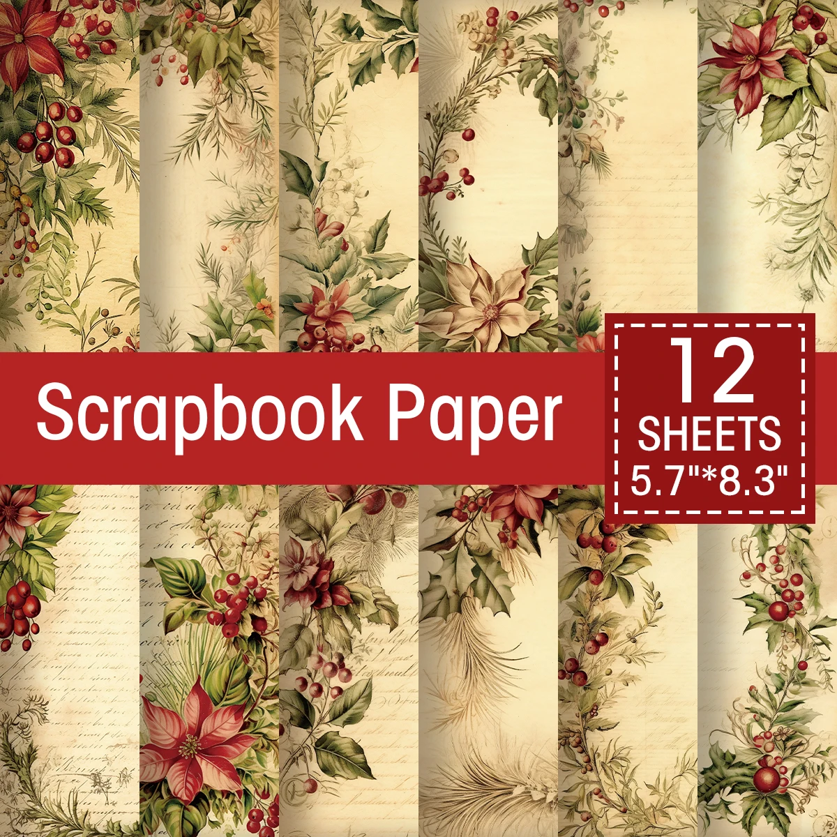 Weihnachtslaub-Hintergründe-Papier, 12 Stück Vintage-Weihnachts-Scrapbook-Papier für Junk Journal Origami- und DIY-Projekte, Grußkarte