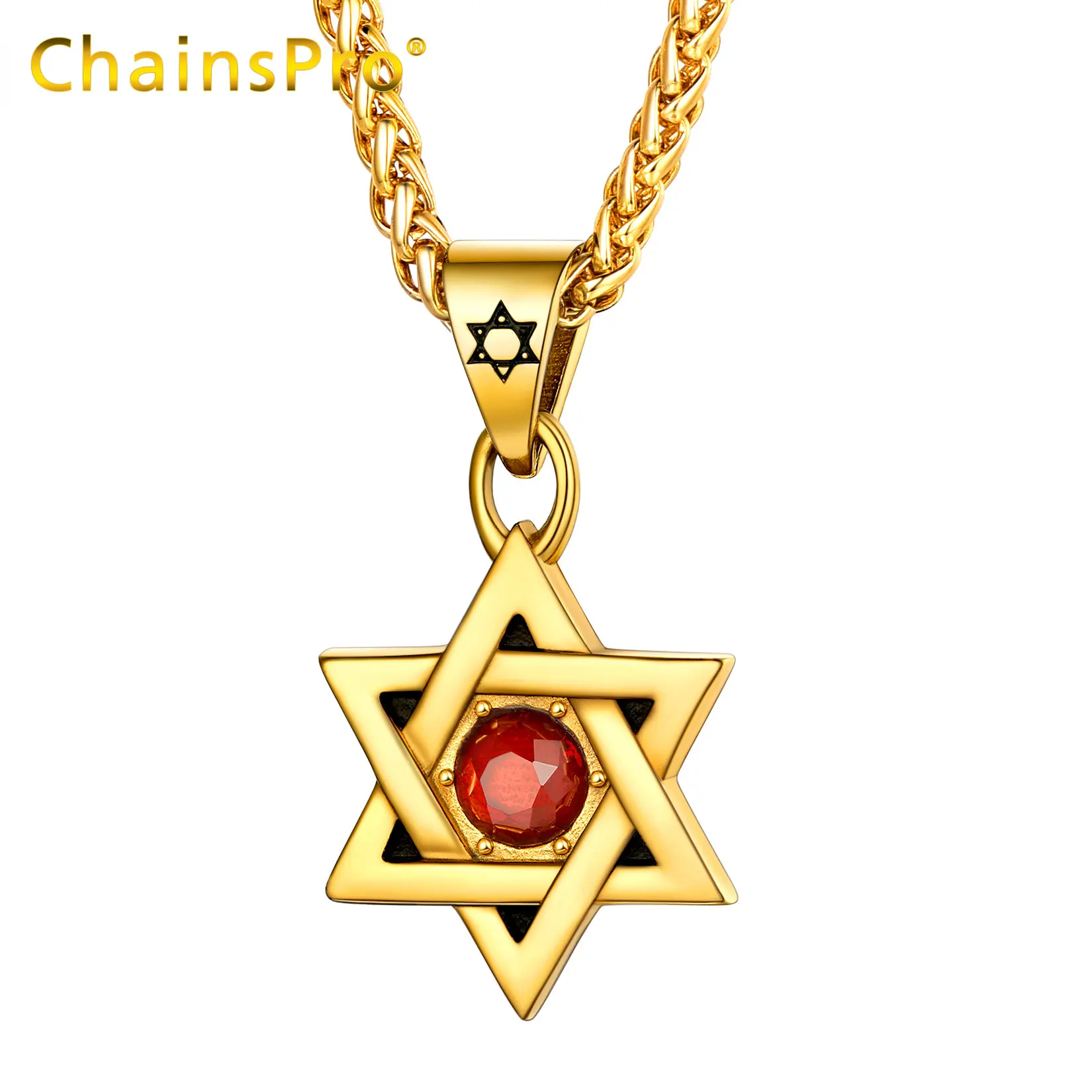 ChainsPro Magen Star of David Pendant Necklace Stainless Steel Wine Red Rhinestone Crystal Jewish Hexagram Unisex Jewelry