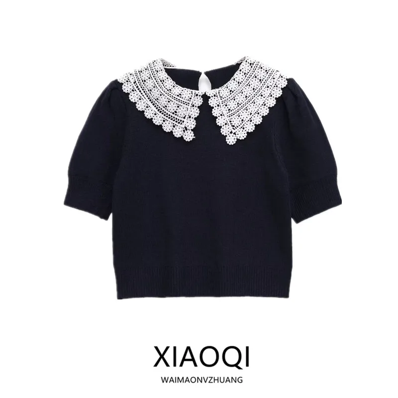 بلوفر نسائي محبوك جديد لشتاء 2025 مع إبرة هوك وياقة قلابة تصميم أنيق أوروبي Sle