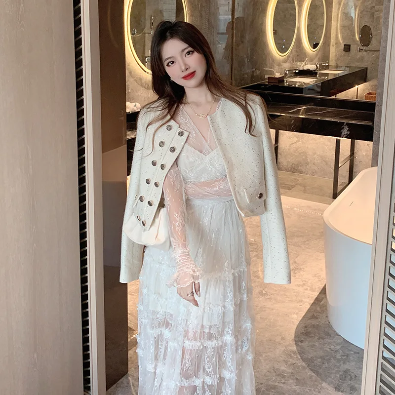 

Tweed Jacket Dark Red Womens Fall Tie-Dye Patched Embellished Sequins Vintage Grunge Hippie Youthful Harajuku Japanese Slimming