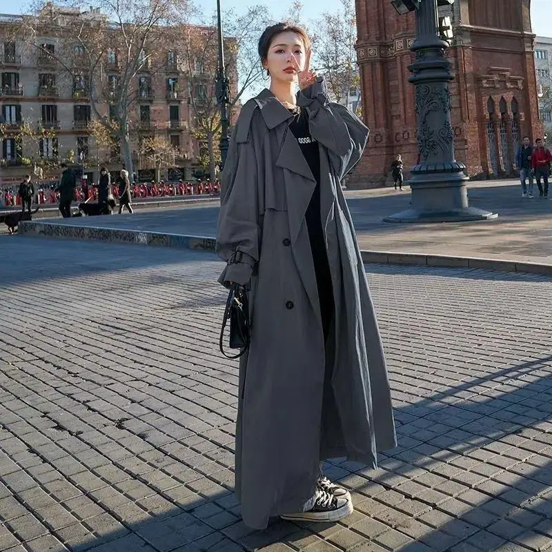 Super Long Trench Coat Women's Ankle Autumn New Korean Version Loose Medium and Long Knee High Coat