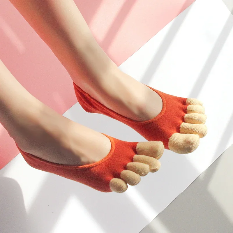 4 Pairs Invisible Socks Women Summer Thin Pure Cotton Anti-slip Silicone No Show Socks Girls Beautiful 5 Finger Five Toe Socks