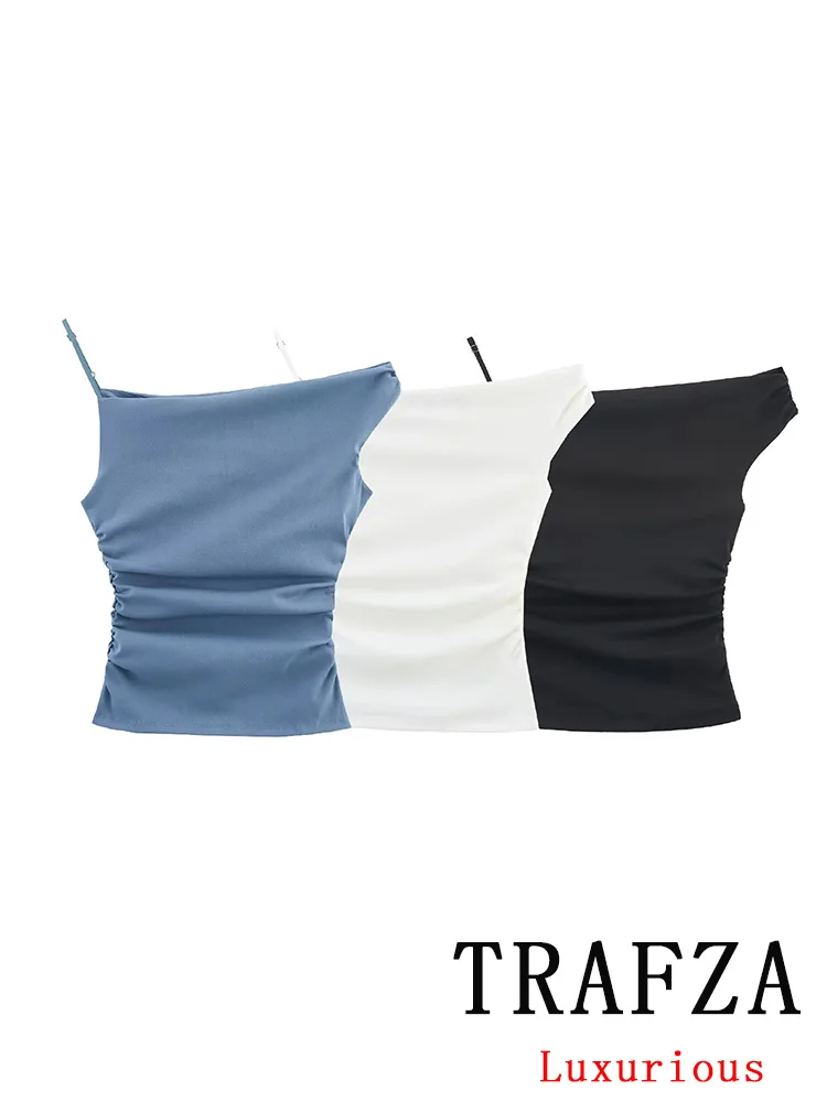 

TRAFZA Vintage Casual Chic Women Solid Cami Tops Sleeveless Asymmetrical Folds Slim Vest Fashion 2025 Spring Summer Holiday Tops