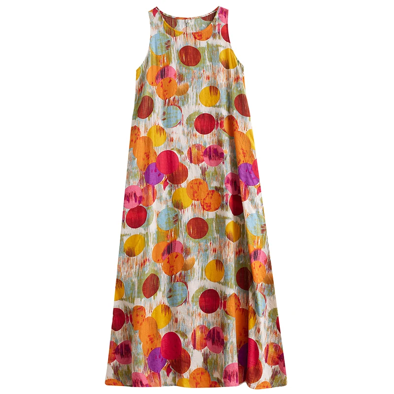 夏新作 n Sle 薄手コットンリネン Dr Svel ラウンドネックプリントロングスカート ワイドウエスト Aラインシルエットガウン