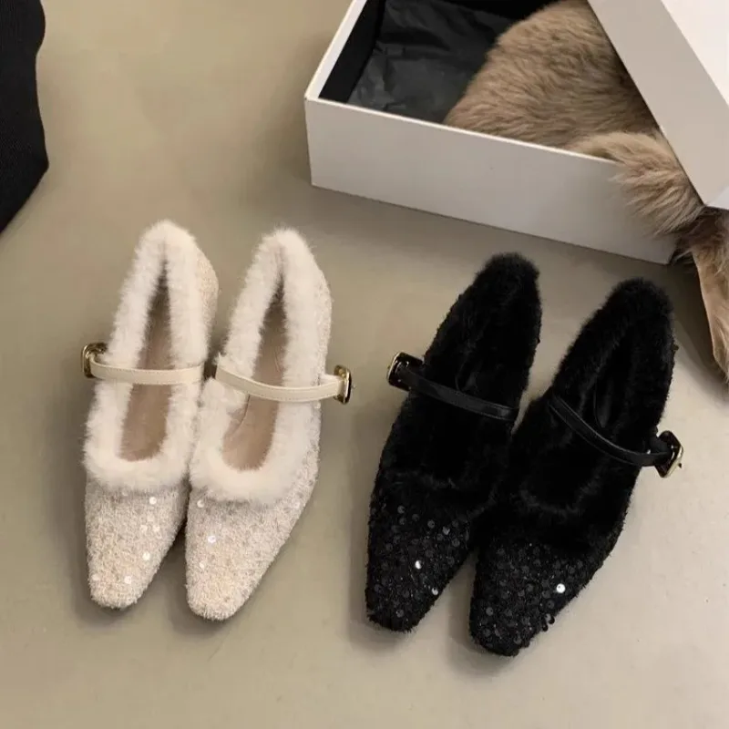 French Sexy Stiletto Heels Sell Hot Korean-style Mary Jane Women's Soft Leather Shoes with Low Heels Solid Colors and Low Tops.