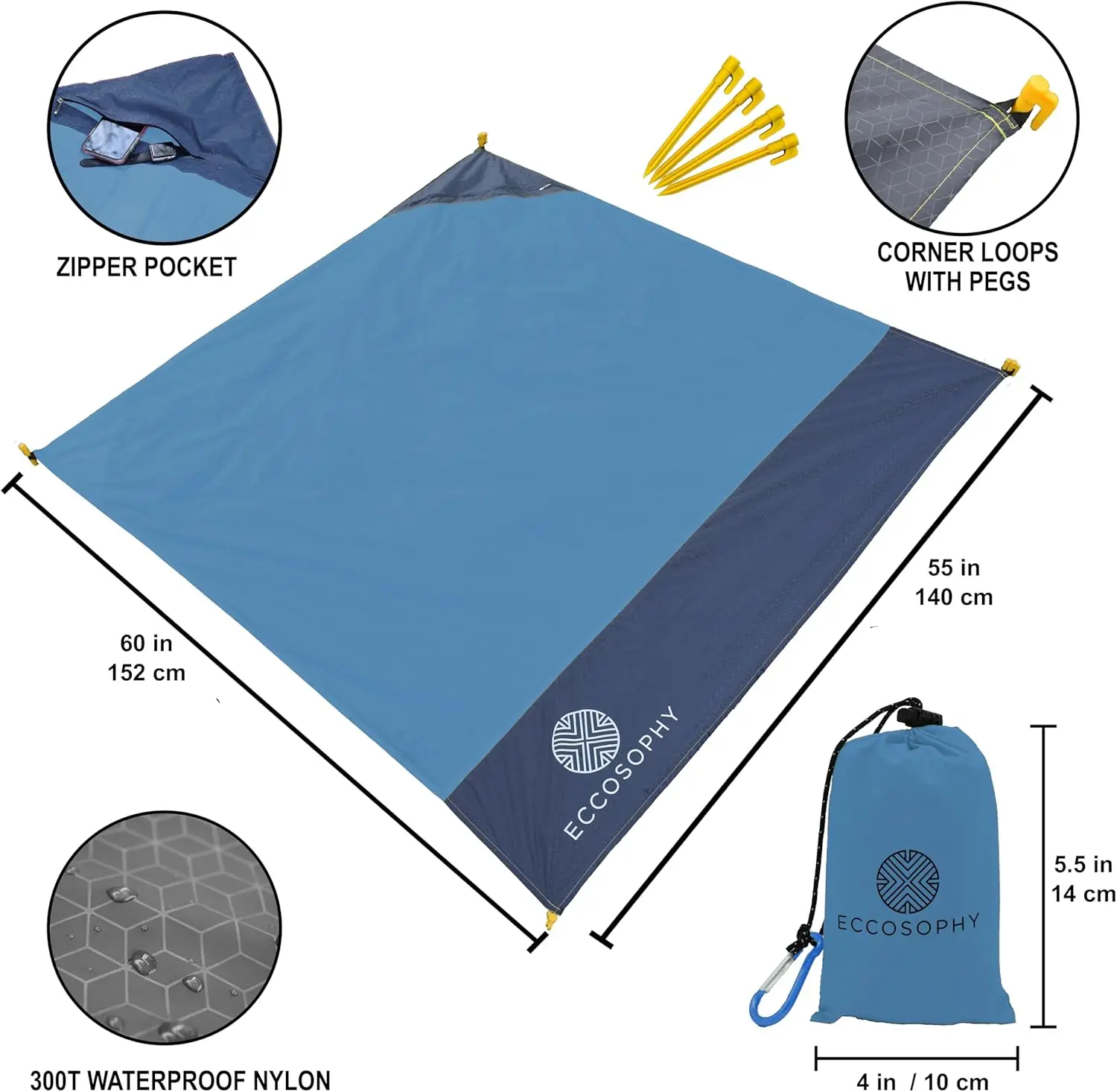 ECCOSOPHY Sand Proof Beach Blanket - Waterproof Picnic Blanket 60x55-Outdoor Compact Pocket Blanket-Lightweight Ground Cover for