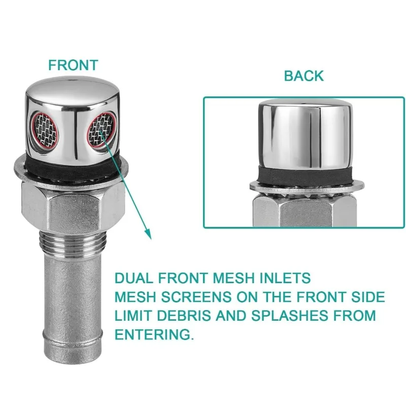 316 Stainless Steel Marine Boat Fuel Gas Tank Vent Polished Dual Port Venting Stainless Mesh Screen Gasket Fits 5/8 Inch Hose