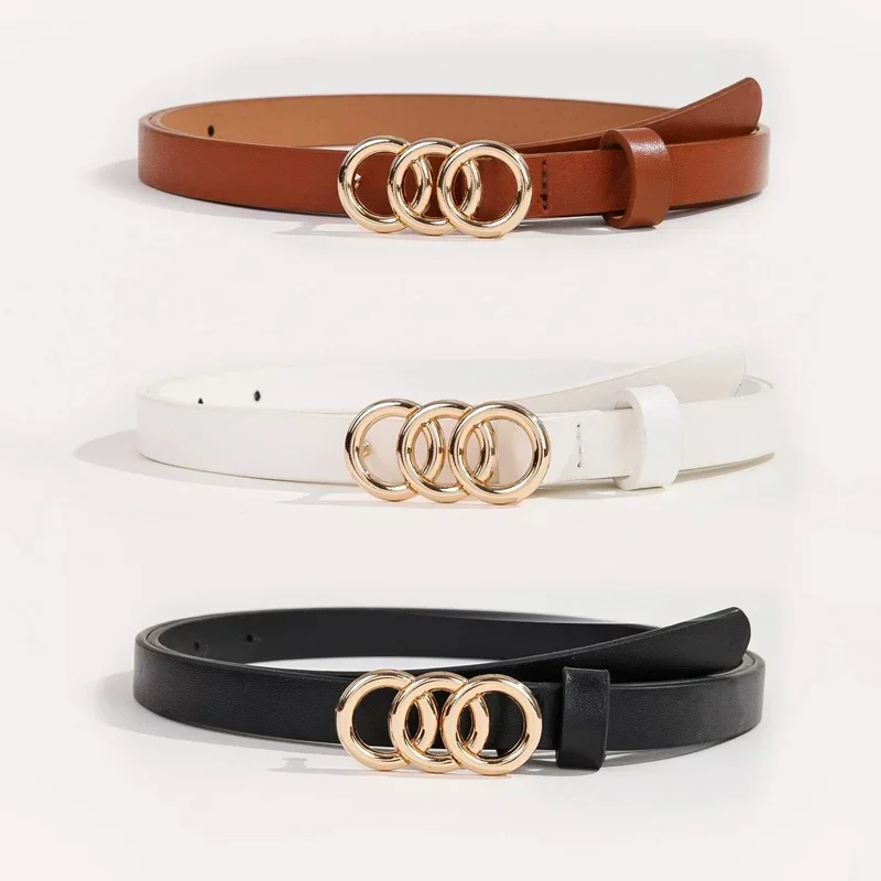 1 Uds. Conjunto de nuevo cinturón con hebilla de Triple anillos, cinturón fino clásico de cuero PU, bandas de cintura con hebilla informal para pantalones vaqueros y vestido