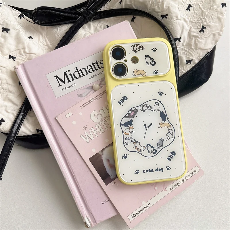 

Kawaii Cartoon Cat Clock Cute Phone Case For iPhone 17 16 15 Pro Max Yellow Frame Shockproof Protective Cover With Lens Guard Fo