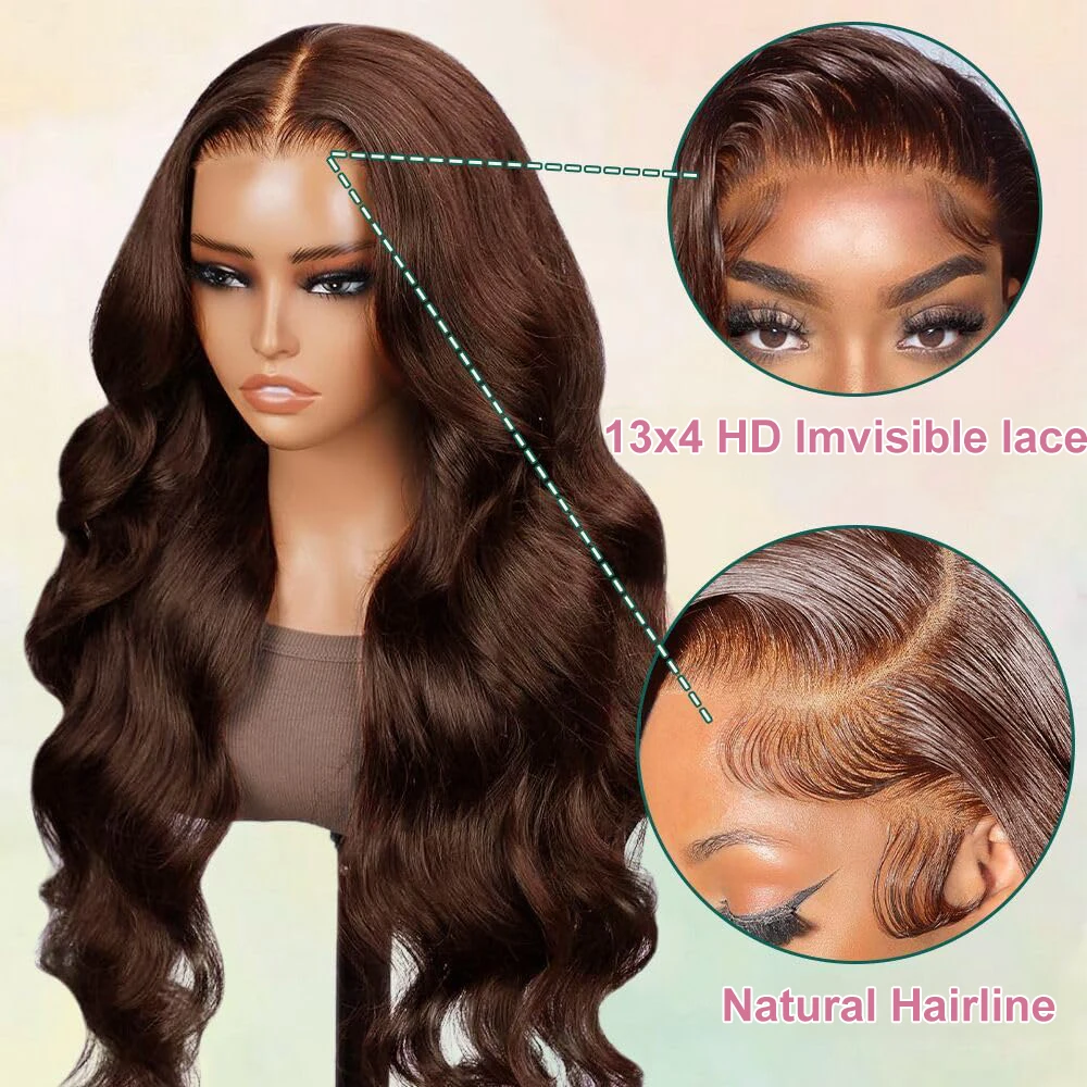 13x4 Chocolate Brown Body Wave Lace Front Wigs Hd Transparent Lace Frontal Wig Brown Colored Human Hair Glueless Wigs For Women