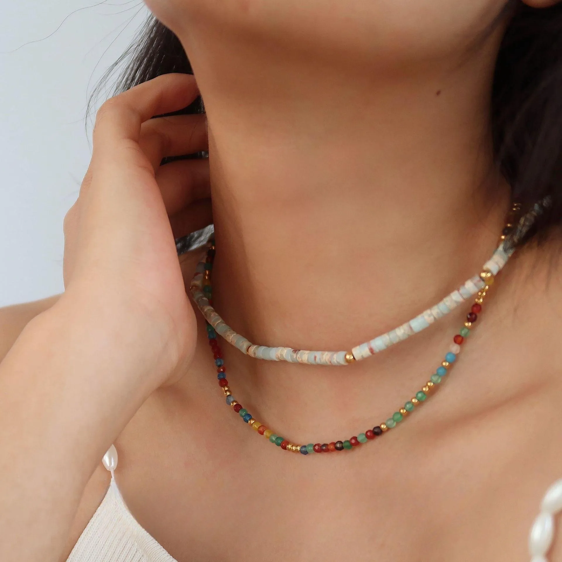 Colorful Agate Stone Beaded Necklace for Women's Natural Stone Titanium Steel Lock Bone Chain