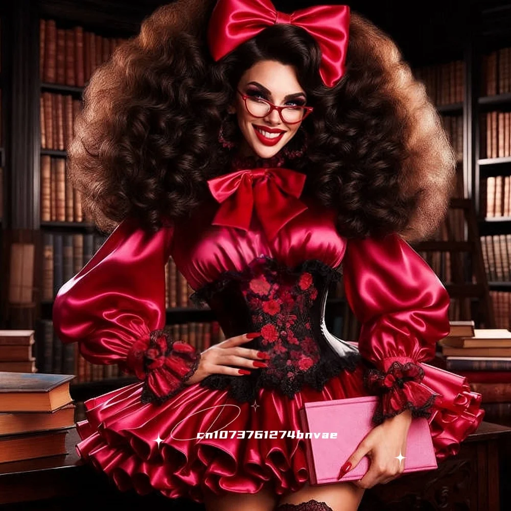 

Винтажное красно-черное короткое платье для выпускного вечера с корсетом и длинными рукавами, мини-платье для выпускного вечера с высоким воротником, вечернее платье для косплея по индивидуальному заказу