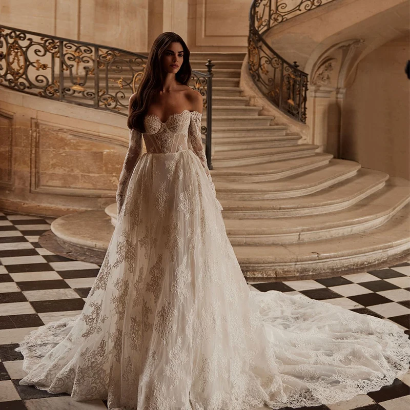 

Vintage Wedding Dress Organza With Embroidery Lace A-Line Ballgown Fullsleeve Off The Shoulder Bride Customized Vestido De Novia