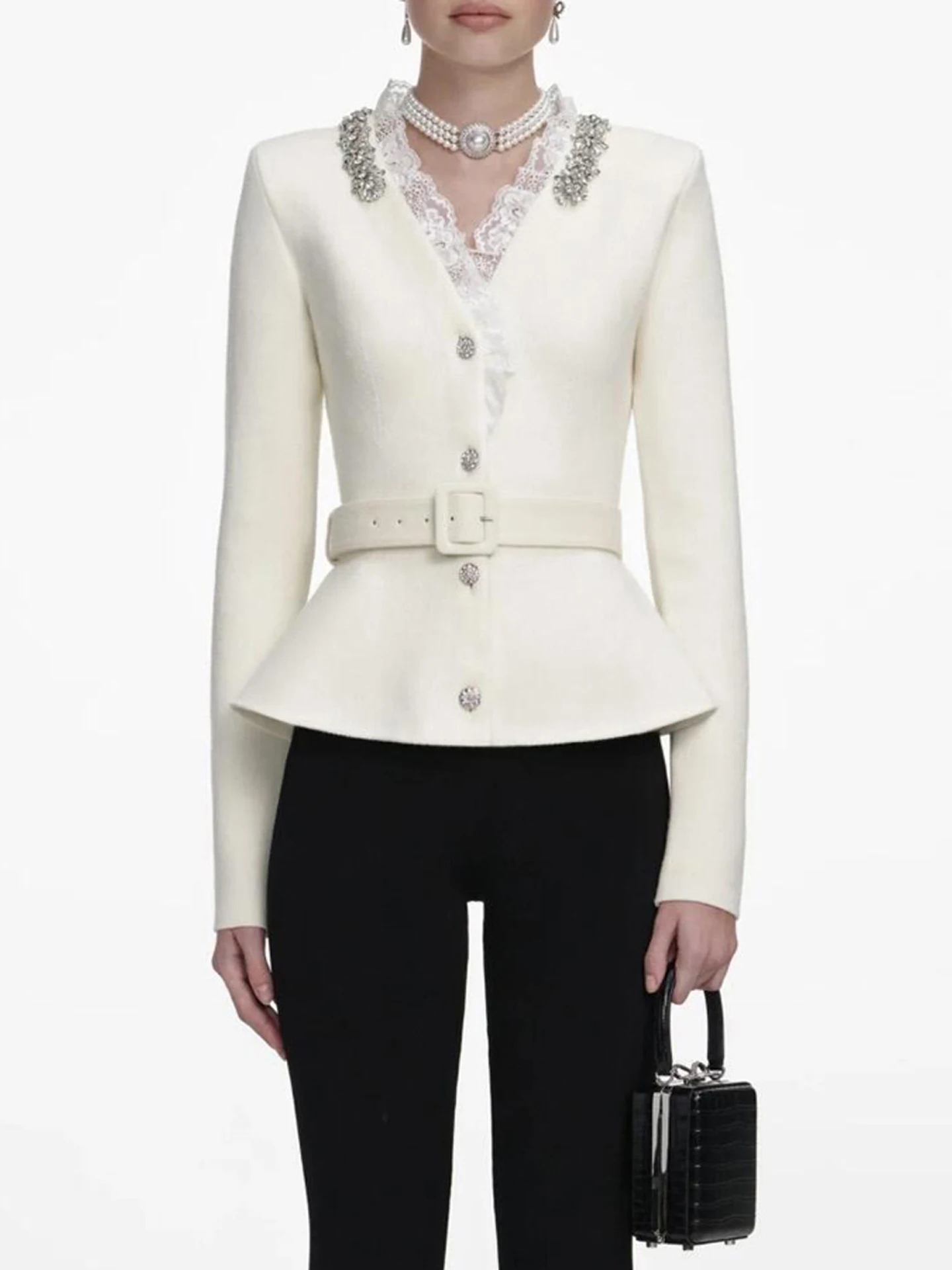 

Роскошный женский вязаный кружевной открытый кардиган с ромбовидными украшениями, маленький облегающий топ, зимняя мода для поездок на работу, стандартный крой