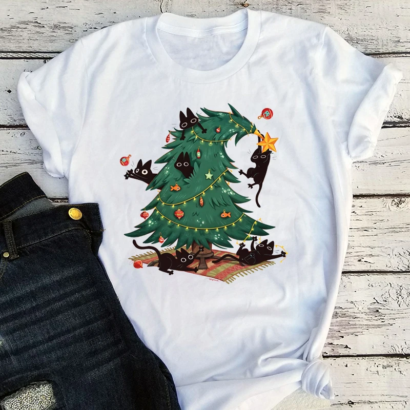 

Christmas Tree and Cat T-Shirt Cute Christmas Shirt Christmas Gift for Cat Owners Vintage Women Clothes