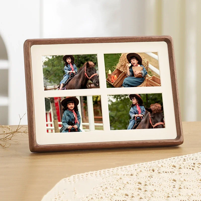 Solid Wood Black Walnut Mortise and Tenon Photo Frame  Four-Grid Display for Children's Photos Elegant Tabletop Decoration
