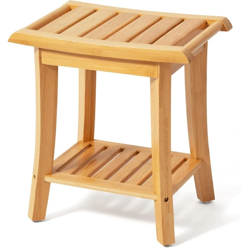 Bamboo Shower Bench Inside Shower Stool with Storage Shelf,  Bedroom and Garden - Great for All Ages Elderly (Natural)