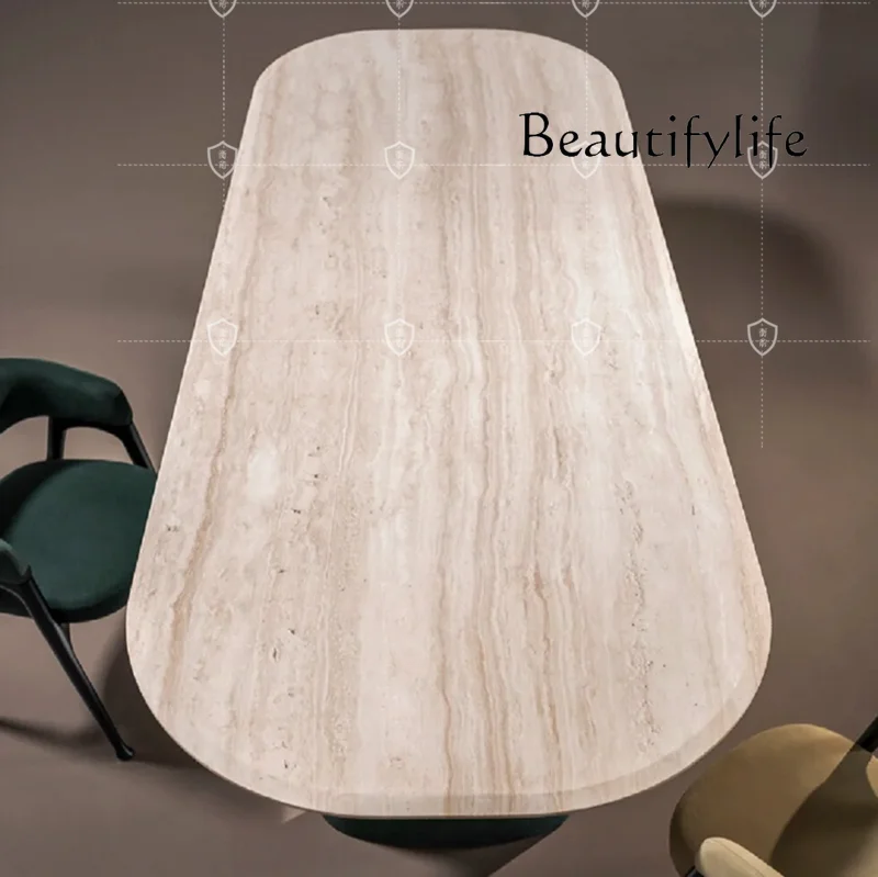 

Travertine marble rectangular dining table retro medieval quiet wind Nordic light luxury French oval