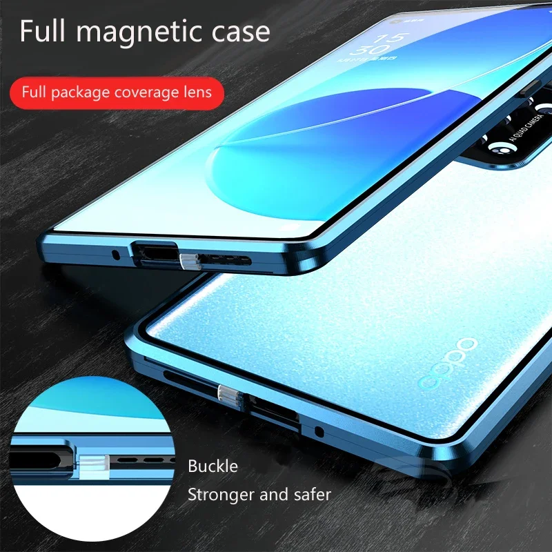 

Metal Double Sided Glass Snap Lock Case 360 Full Protection For OPPO Reno 11 10 Pro Plus 8T 5G Lens Protection Cover Phone Cases