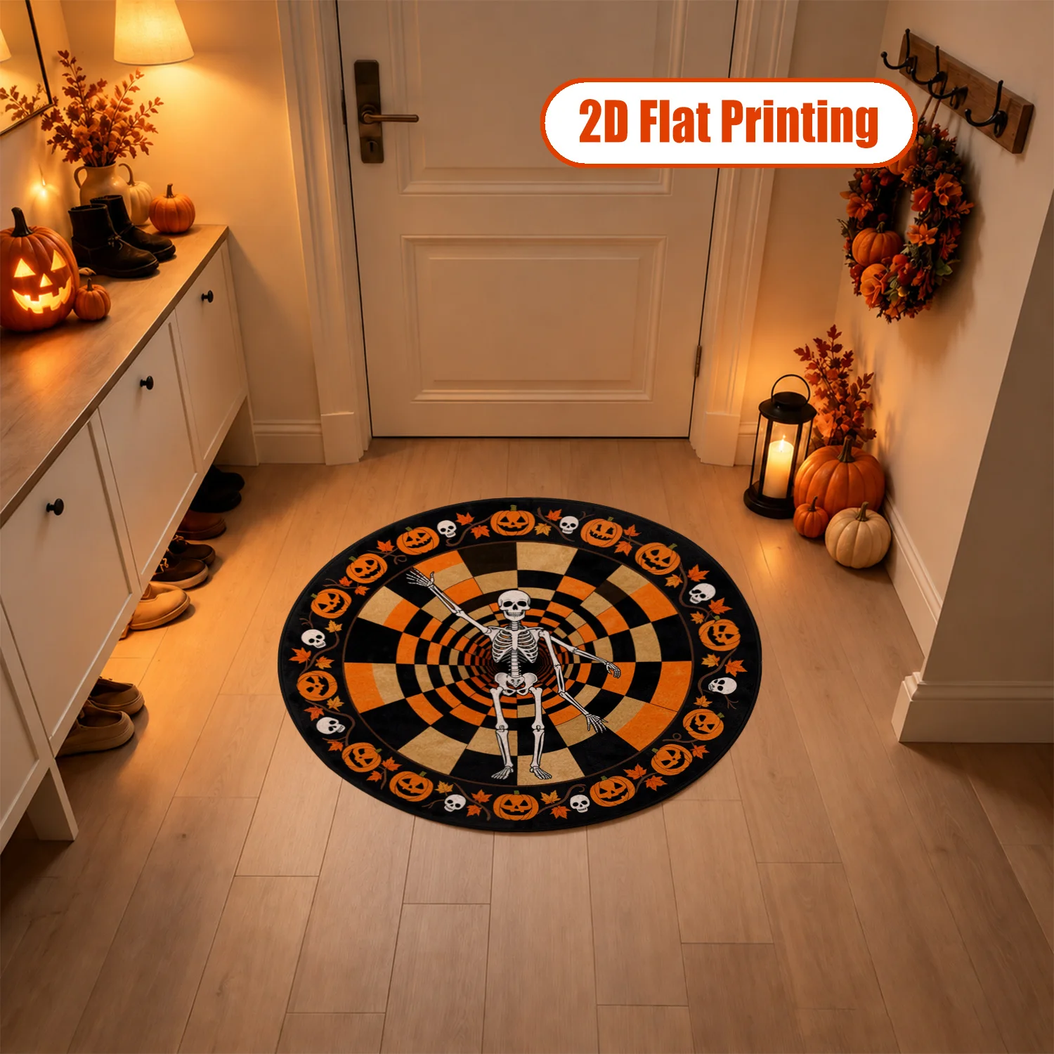 Halloween Skeleton Pumpkin Pattern Round Velvet Rug, Machine Washable Stable Placement Area Rug for Living Room Bedroom Entryway Dining Room, Ideal for Halloween Thanksgiving Black Friday Christmas New Year Holiday Decoration