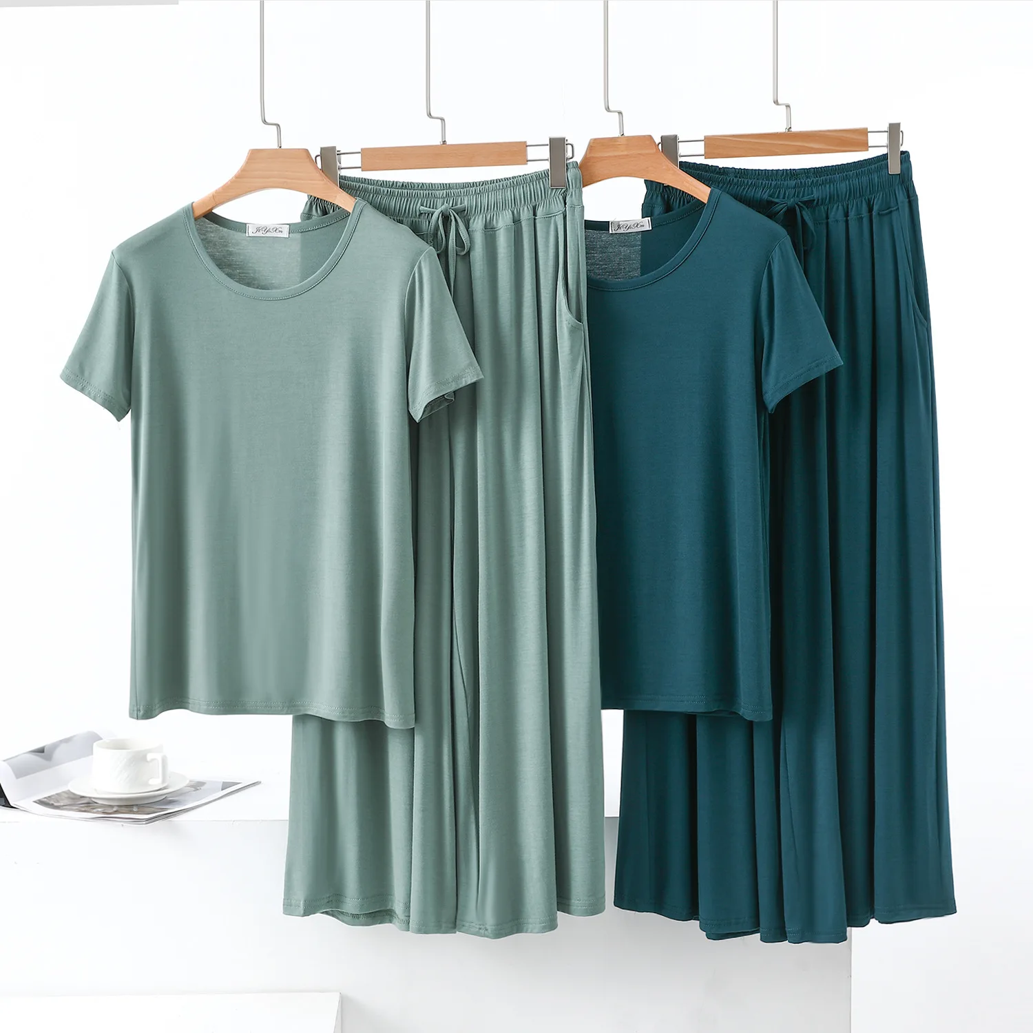 

Modal Loose Pajama Sets 2 Piece O-Neck Short-Sleeved Tshirt and Wide Leg Pants Full Length Casual sleepwear set homewear suits