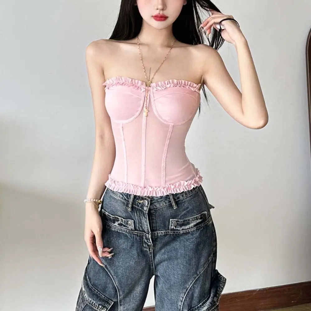 ファッションノースリーブレースキャミソールラップチェストボトムシャツ女性用メッシュコルセットラッフルタンクスリムクロップトップスストリートウェア