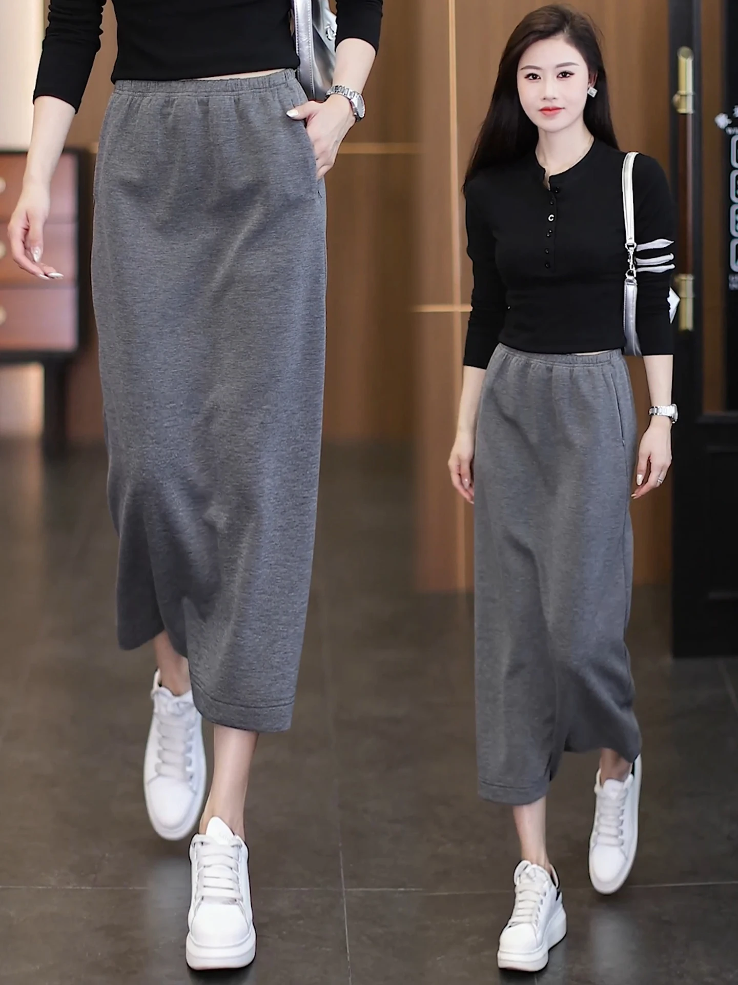 

Gray Casual High Waist Women's Skirt Spring Autumn New Style Slim Straight Leggings Hip Cover Long Wrap Body Skirt
