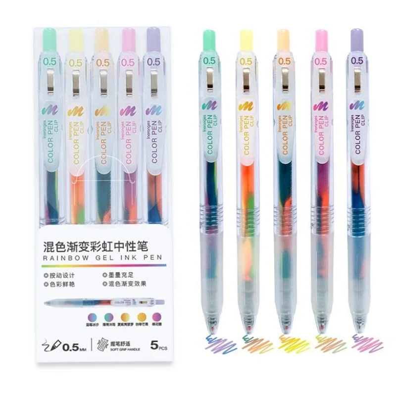 5Pcs/Box Mixed Gradient Rainbow Color Gel Pens Ins Pretty Stationery For Student Daily Notebook Writting Pen School Supplies