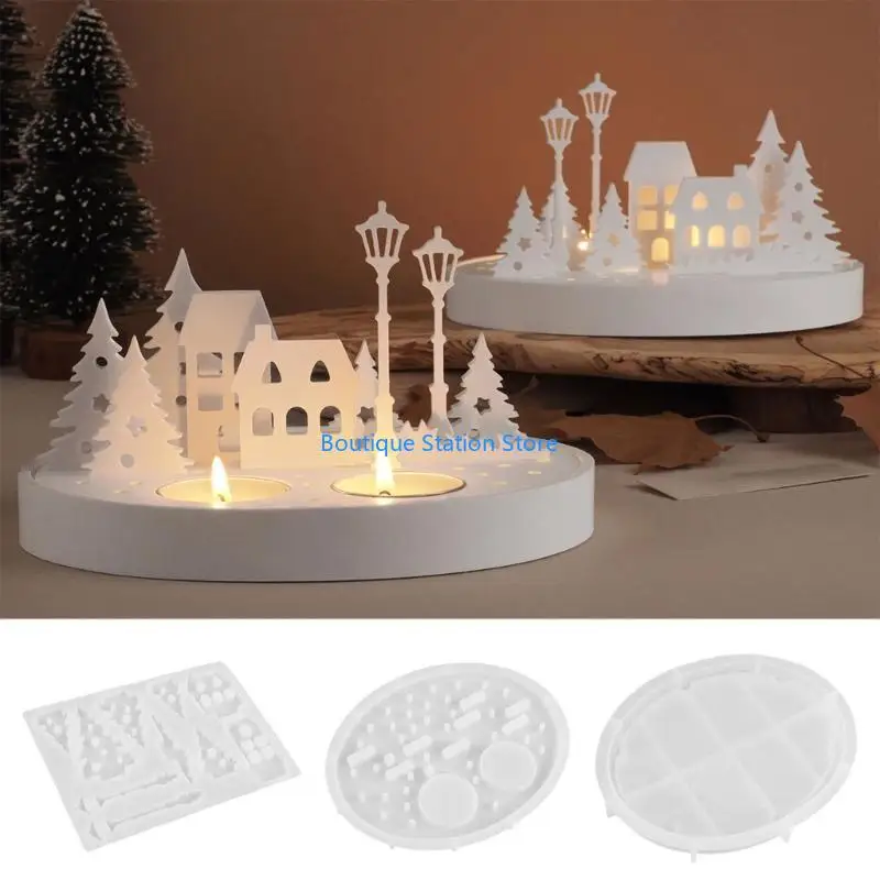 Y55F Flexible Silicone Mold Set for DIY Street Scene Holders and Night Lights with Trees and Houses Designs
