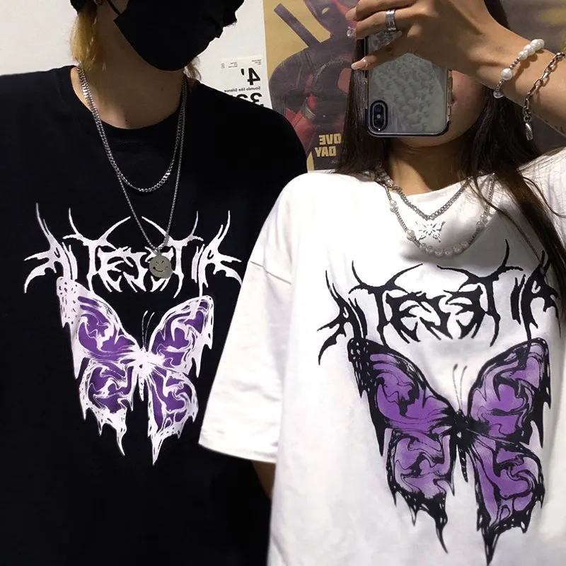 T Shirt Punk Oversized Butterfly Harajuku Dark Tops Male Fashion Swag Aesthetic Men's clothes Hip hop Gothic T-shirts Streetwear