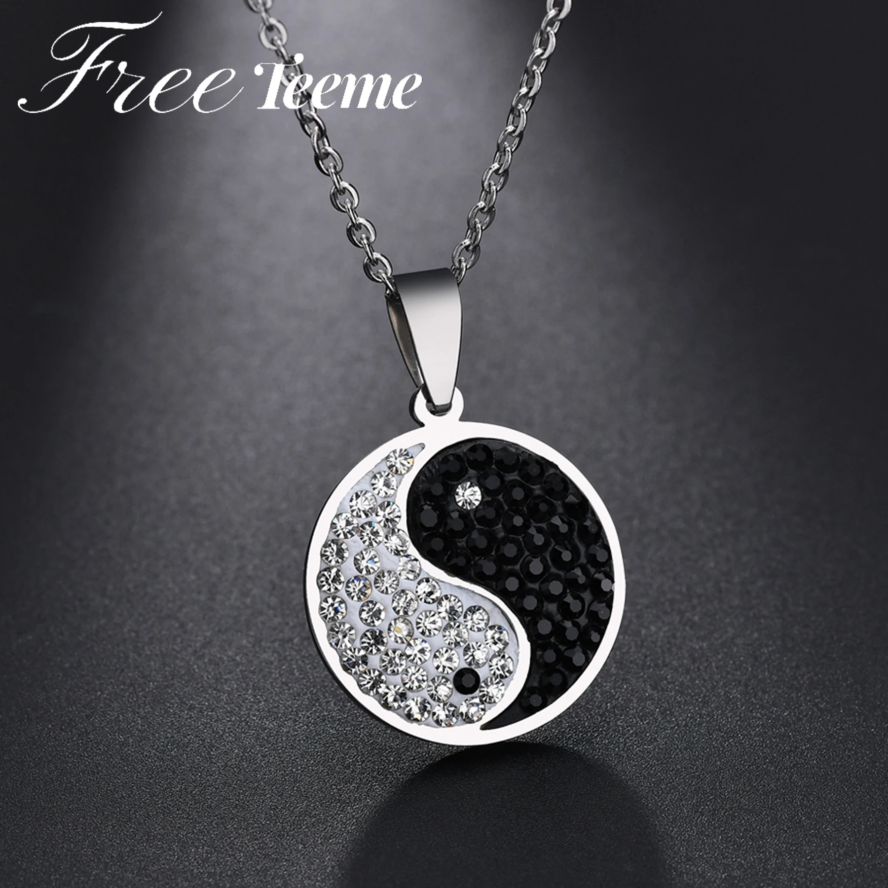 Freeteeme Trendy Black White Zircon Necklace For Women Men Stainless Steel Yin Yang Tai Chi Bagua Circle Pendant Jewelry Gifts